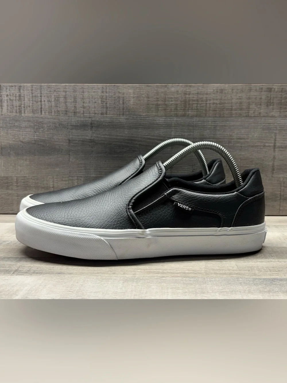 Vans Asher Deluxe Black Leather Slip-On Shoes Women’s Size 10 OrthoLite Mens 8.5